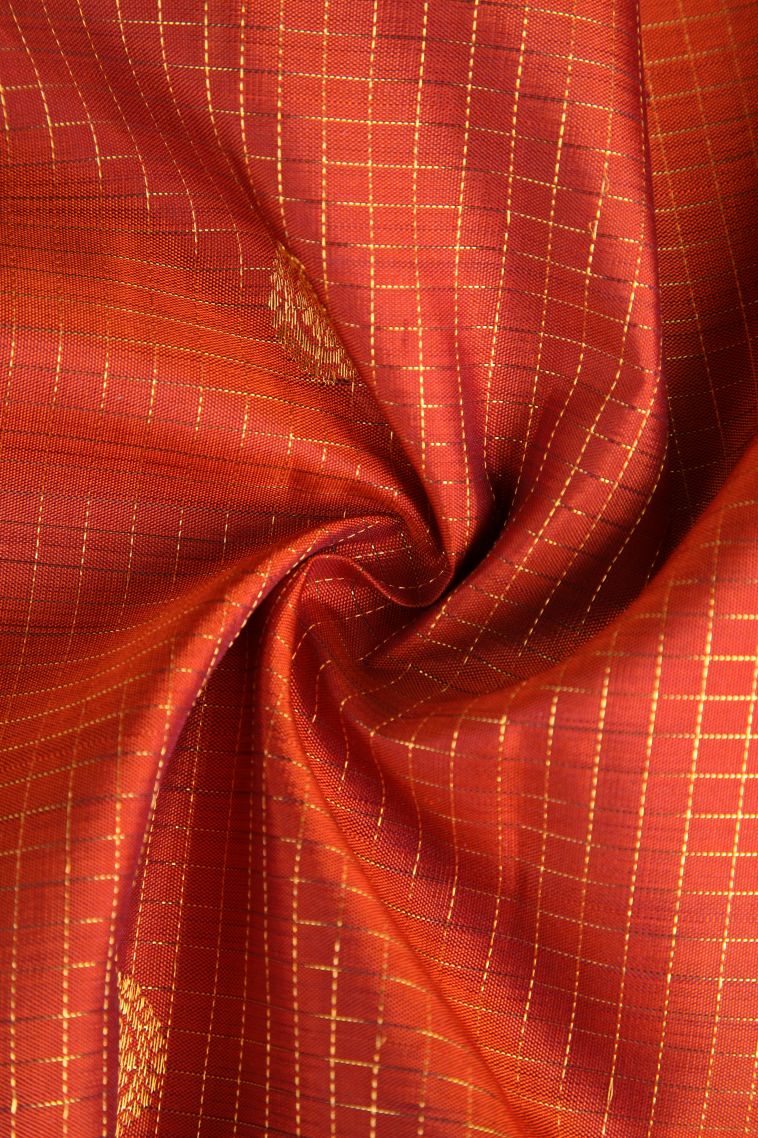 Rust Orange Kanchipuram Silk Sarees with Gold And Silver Zari Peacock And Rudhractam view 4