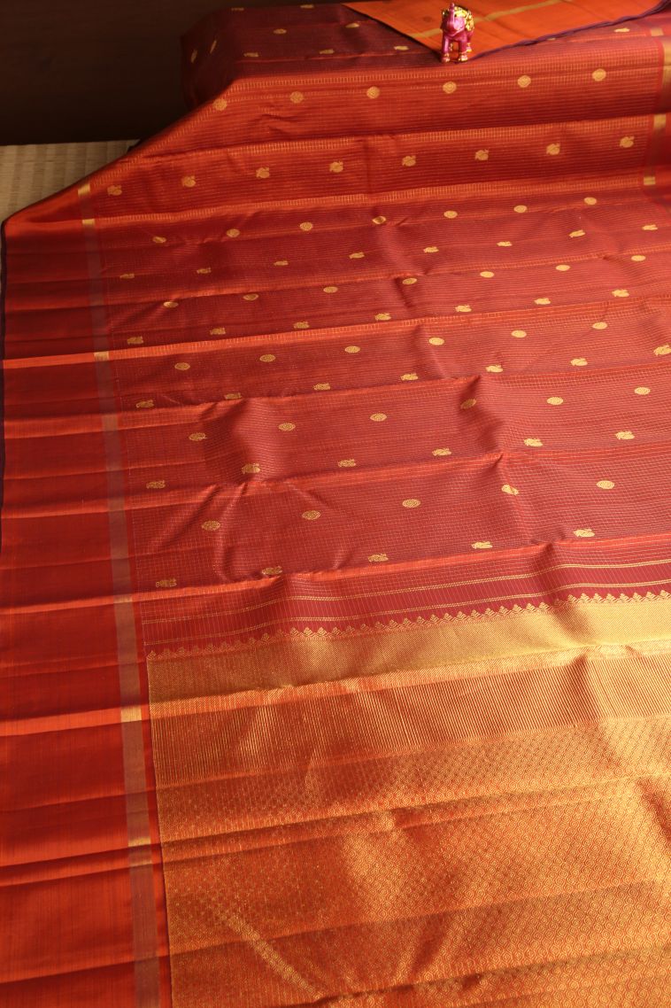 Rust Orange Kanchipuram Silk Sarees with Gold And Silver Zari Peacock And Rudhractam view 2