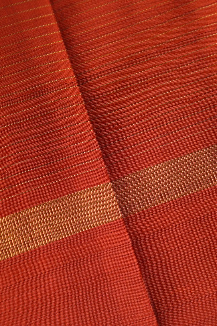 Rust Orange Kanchipuram Silk Sarees with Gold And Silver Zari Peacock And Rudhractam view 3