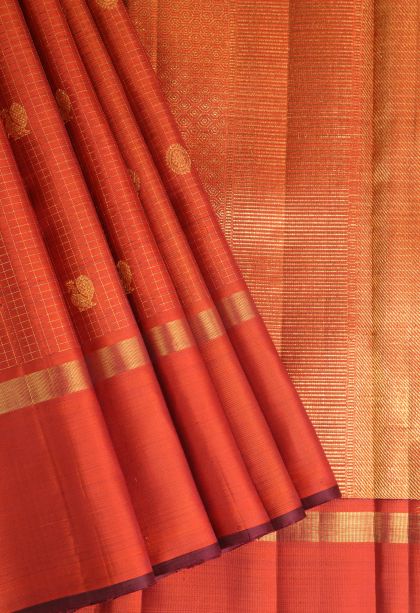 Rust Orange Kanchipuram Silk Sarees with Gold And Silver Zari Peacock And Rudhractam