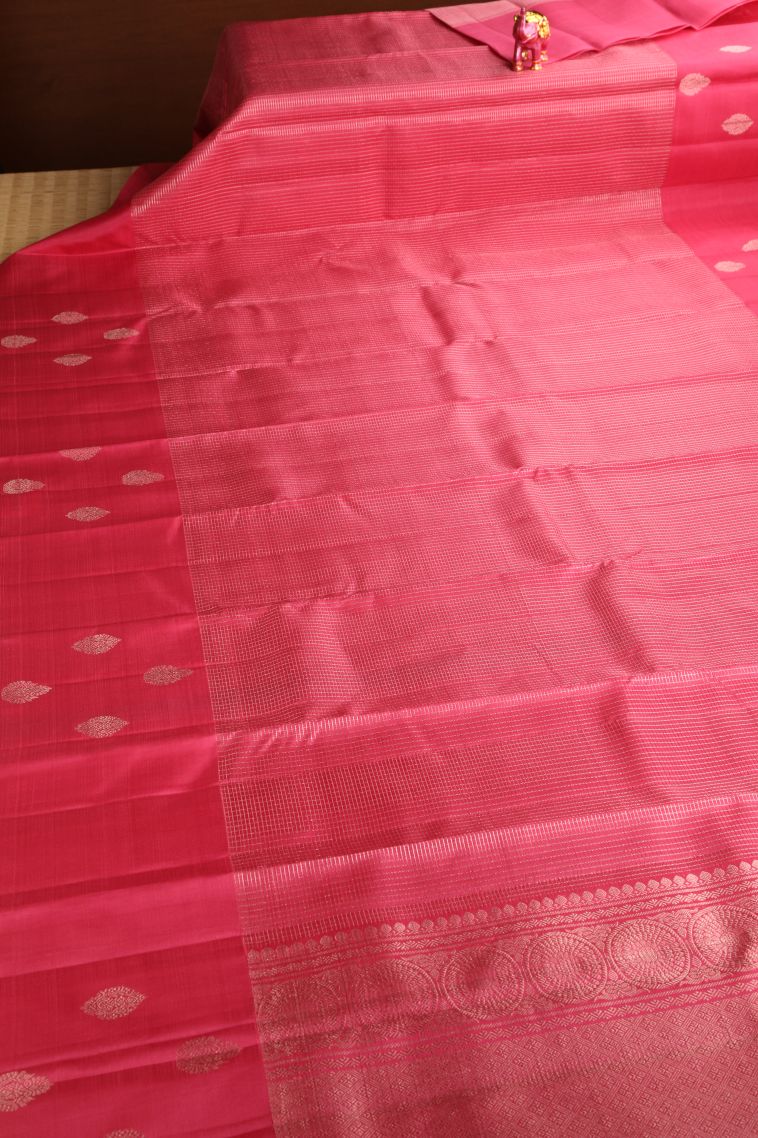 Punch Pink Kanchipuram Silk Sarees with Gold Zari Checks view 2