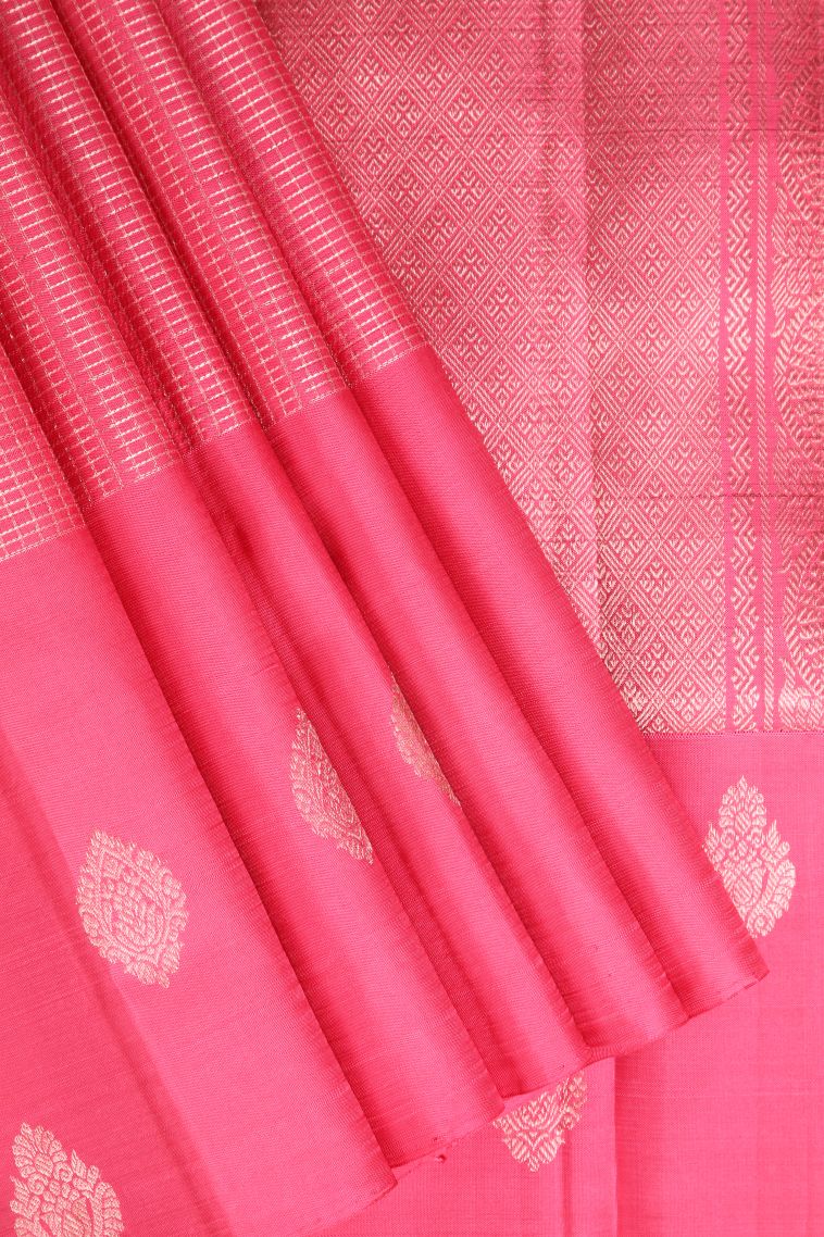 Punch Pink Kanchipuram Silk Sarees with Gold Zari Checks view 1