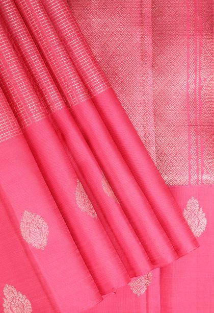 Punch Pink Kanchipuram Silk Sarees with Gold Zari Checks