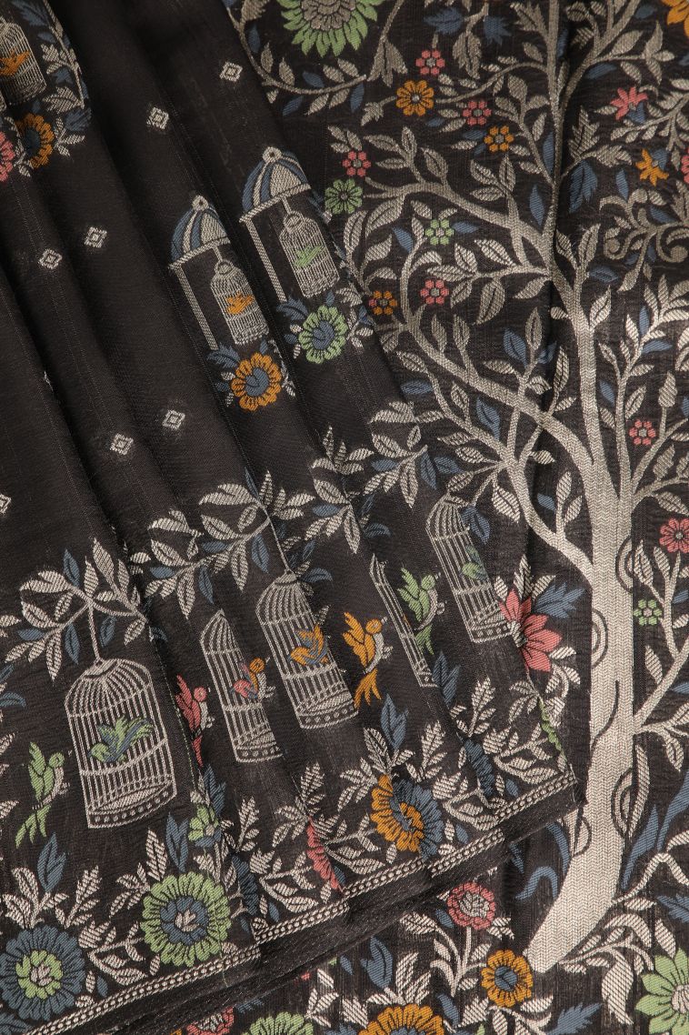 Charleston Black Banaras Sarees with Without Zari Zari Birds And Floral Pattern view 1