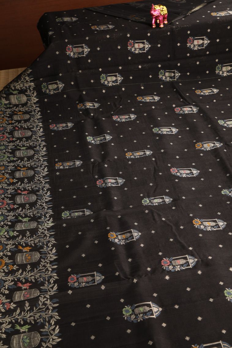 Charleston Black Banaras Sarees with Without Zari Zari Birds And Floral Pattern view 2