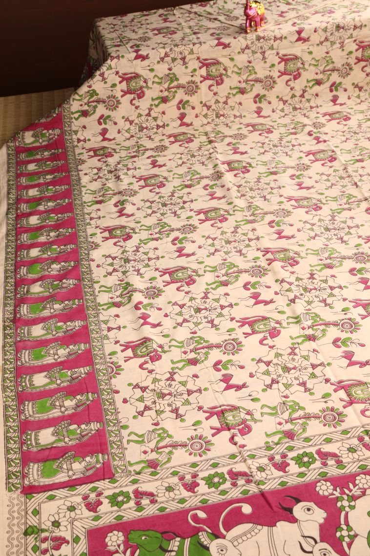 Vanilla Custard Yellow Kalamkari with Without Zari Zari Warli Art Motif view 2