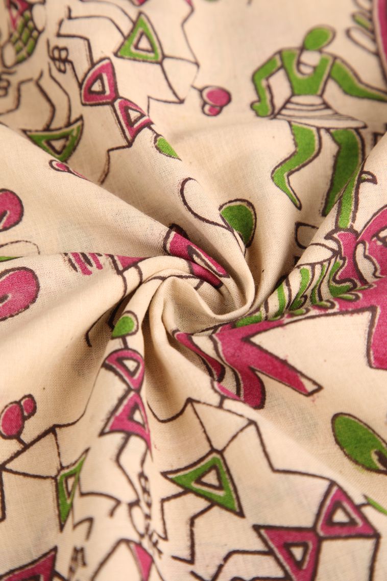 Vanilla Custard Yellow Kalamkari with Without Zari Zari Warli Art Motif view 4
