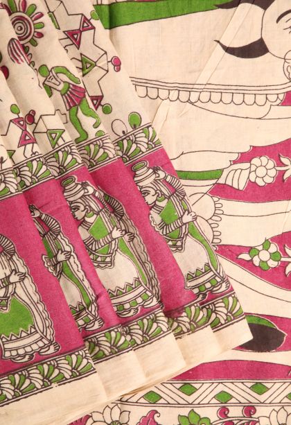 Vanilla Custard Yellow Kalamkari with Without Zari Zari Warli Art Motif