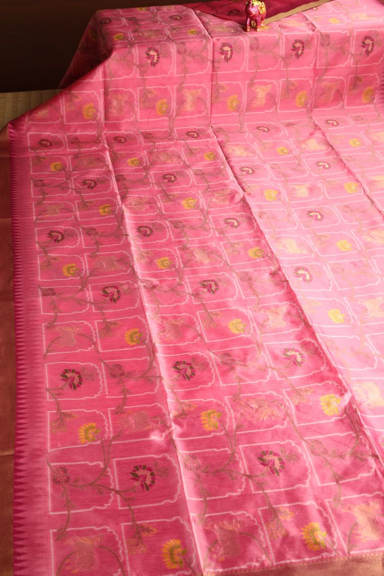Rose Pink Jute Sarees with Gold And Silver Zari Floral Patterns view 2
