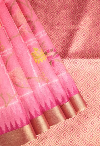 Rose Pink Jute Sarees with Gold And Silver Zari Floral Patterns