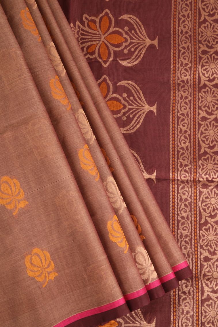 Tawny Brown Pure Handloom Kovai Cotton with Without Zari Zari Floral Patterns view 1