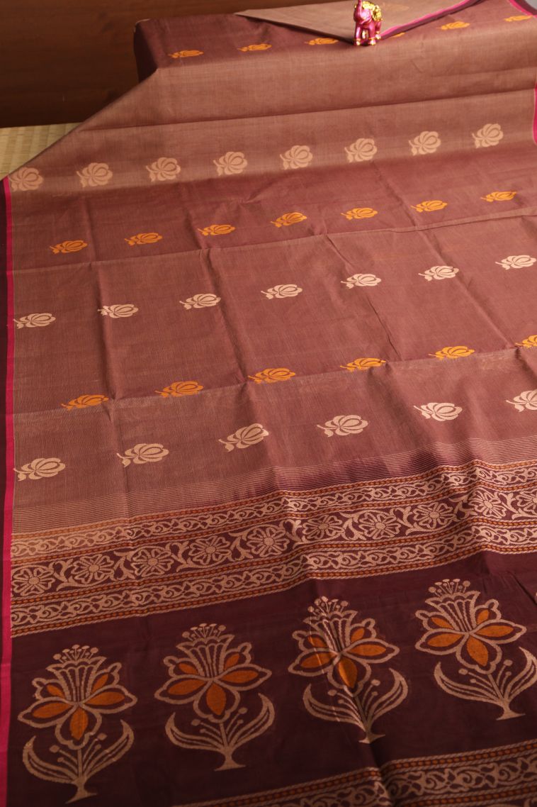 Tawny Brown Pure Handloom Kovai Cotton with Without Zari Zari Floral Patterns view 2