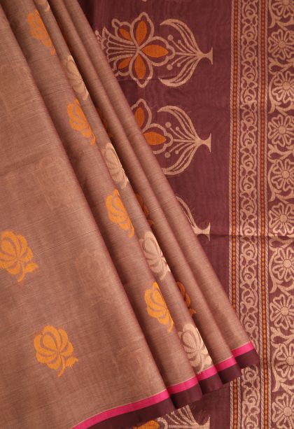 Tawny Brown Pure Handloom Kovai Cotton with Without Zari Zari Floral Patterns
