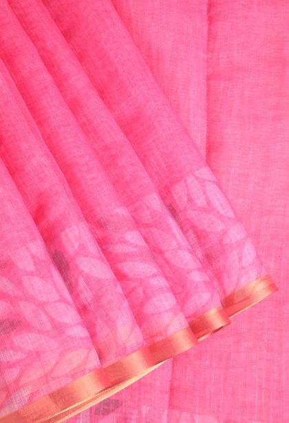 Rouge Pink Linen Saree with Gold Zari Plain