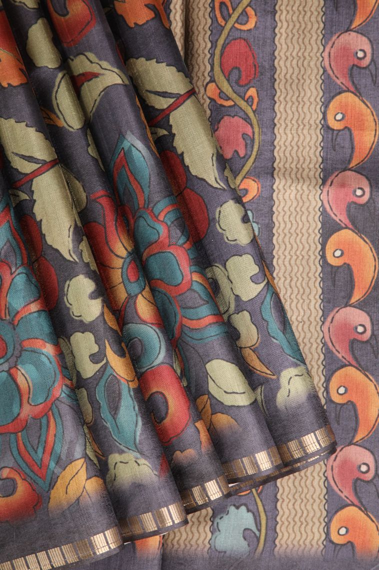 Slate Blue Semi Tussar Silk with Gold Zari Floral Patterns view 1
