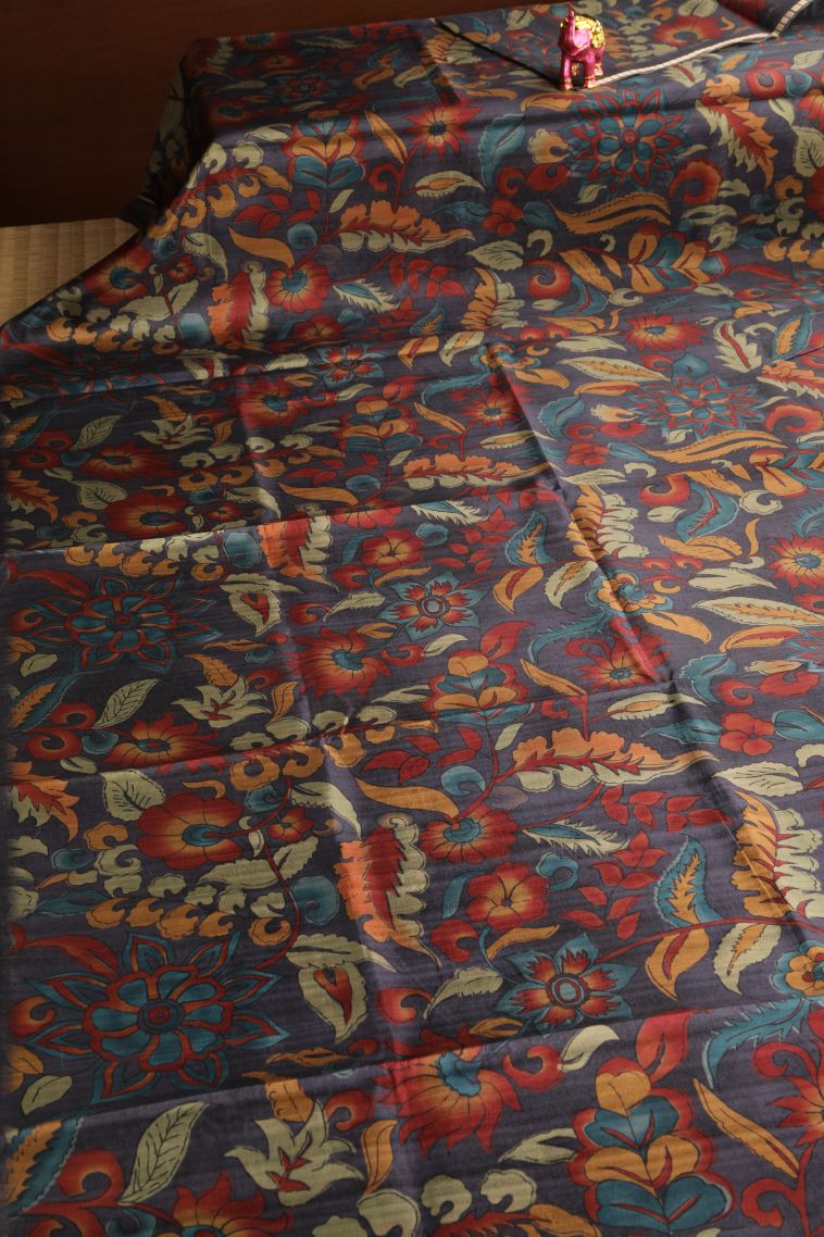 Slate Blue Semi Tussar Silk with Gold Zari Floral Patterns view 2
