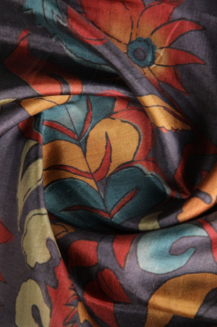 Slate Blue Semi Tussar Silk with Gold Zari Floral Patterns view 4