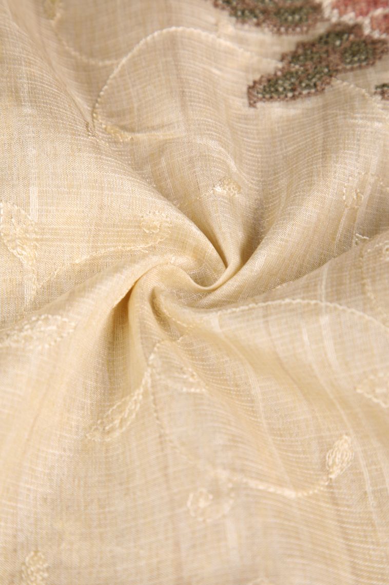 Cream White Semi Tussar Silk with Gold Zari Floral Patterns view 4