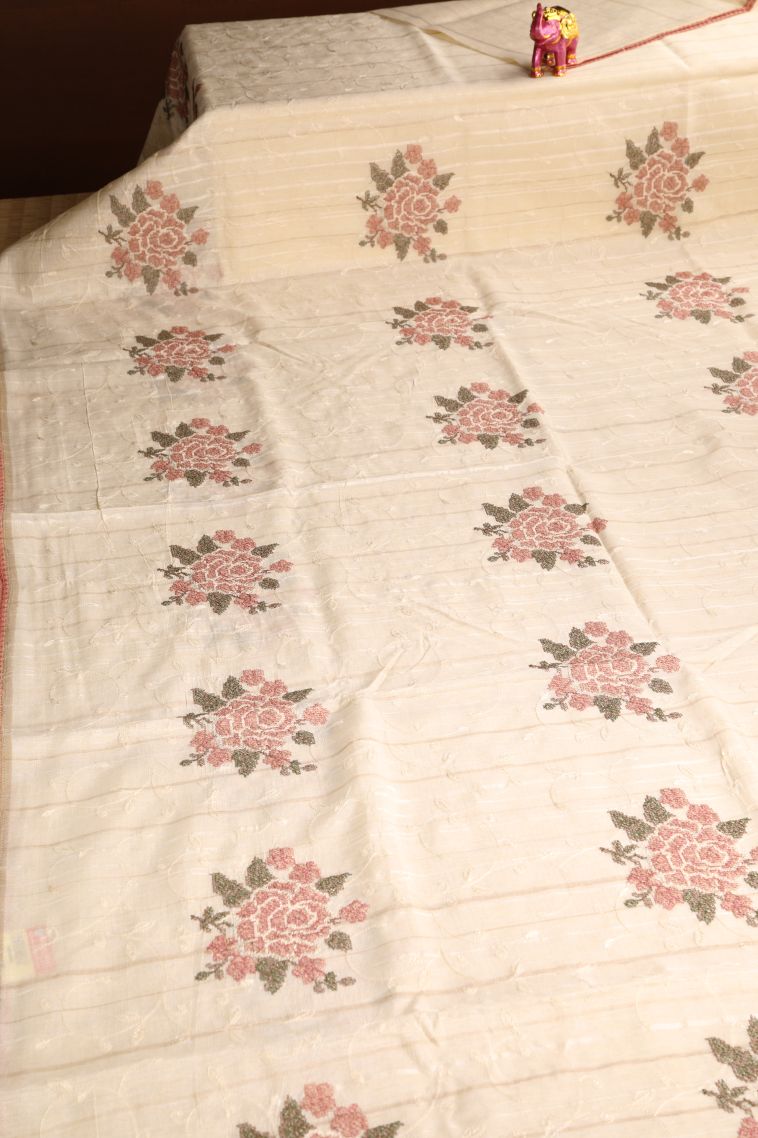 Cream White Semi Tussar Silk with Gold Zari Floral Patterns view 2