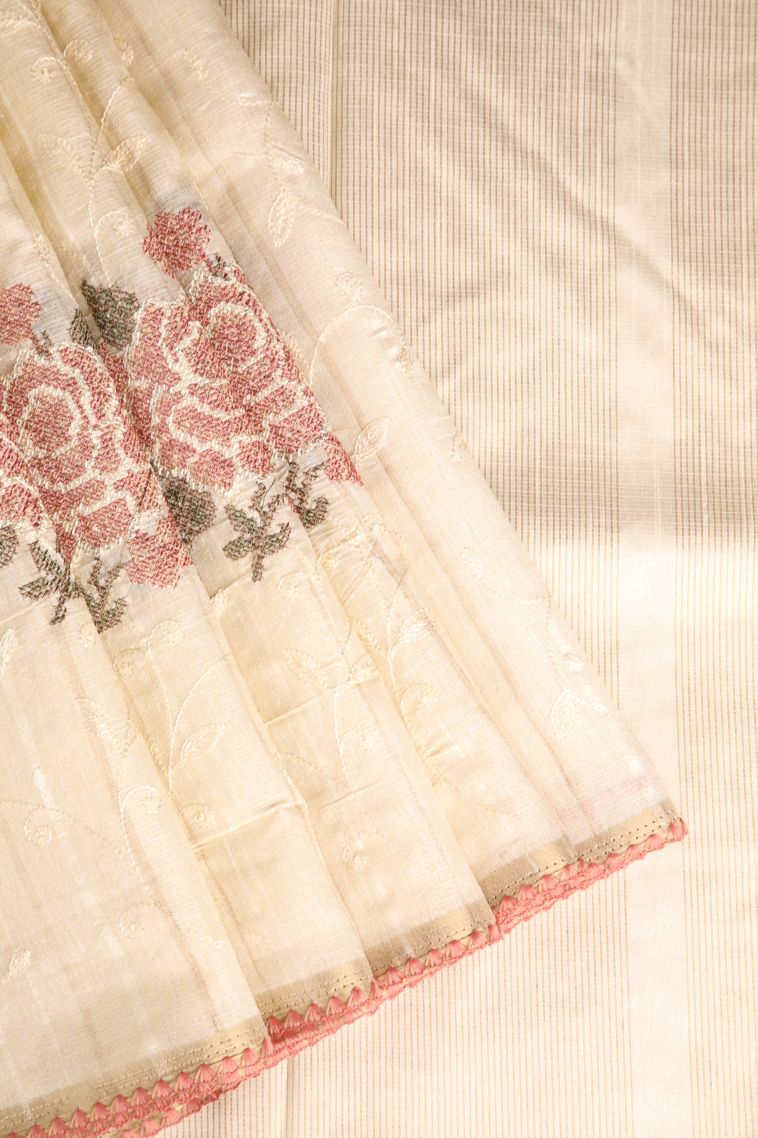 Cream White Semi Tussar Silk with Gold Zari Floral Patterns view 1