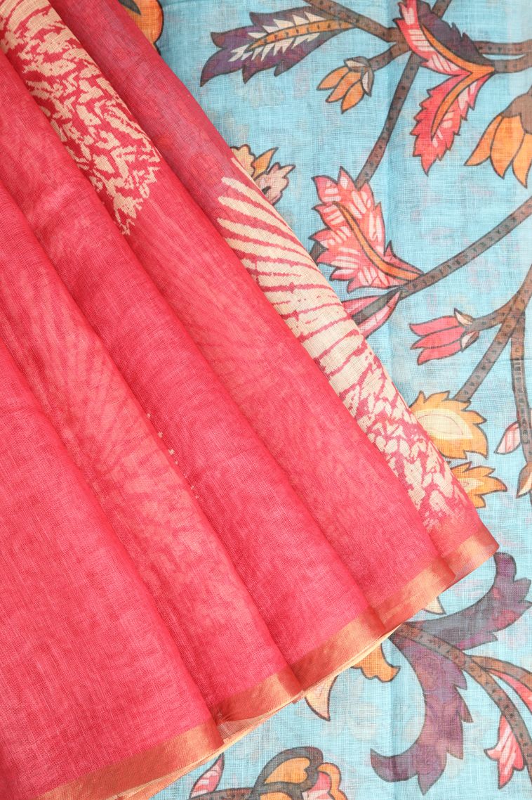 Strawberry Pink Linen Saree with Copper Zari Circle Mottif view 1