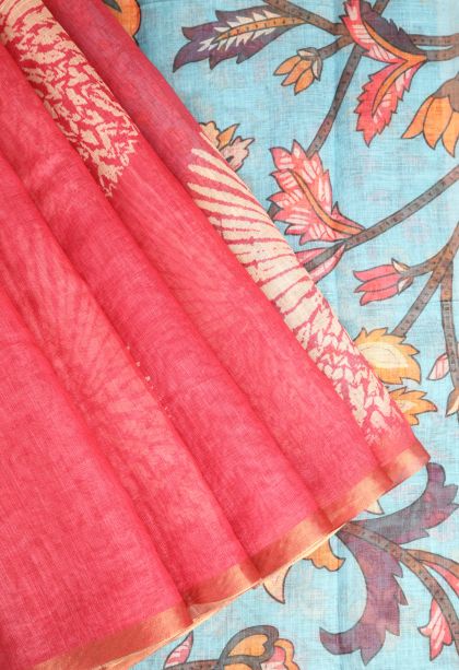 Strawberry Pink Linen Saree with Copper Zari Circle Mottif