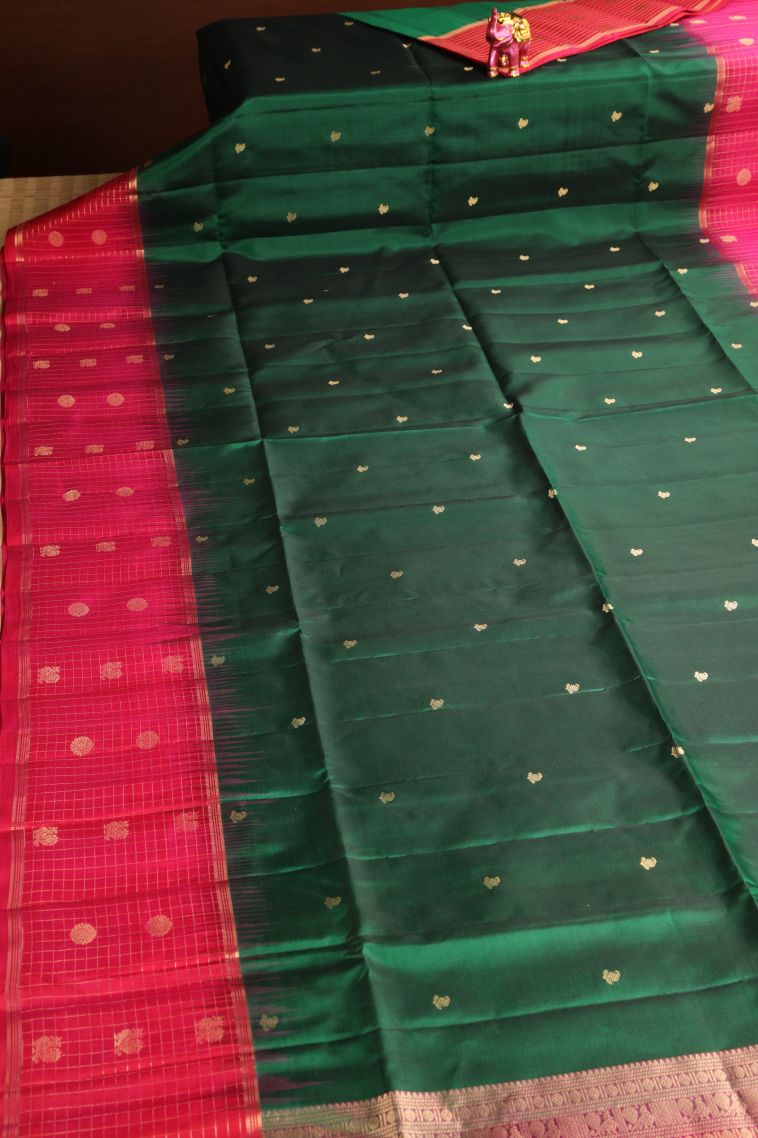 Pine Green Soft Silk Saree with Gold Zari Mango Puttas view 2