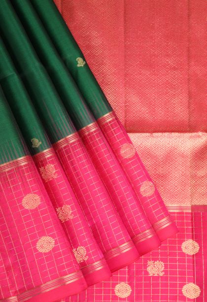 Pine Green Soft Silk Saree with Gold Zari Mango Puttas