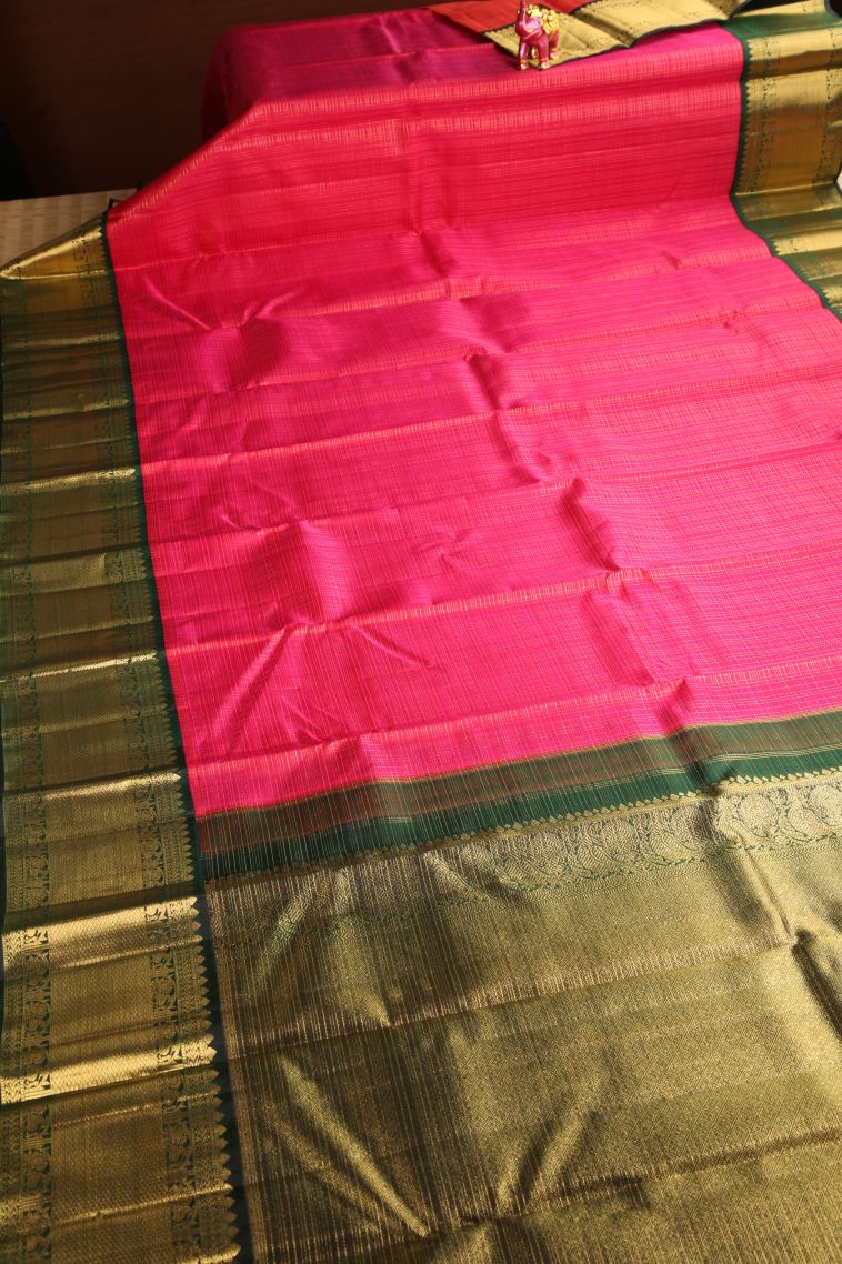 Punch Pink Kanchipuram Silk Sarees with Gold Zari Stripes view 2