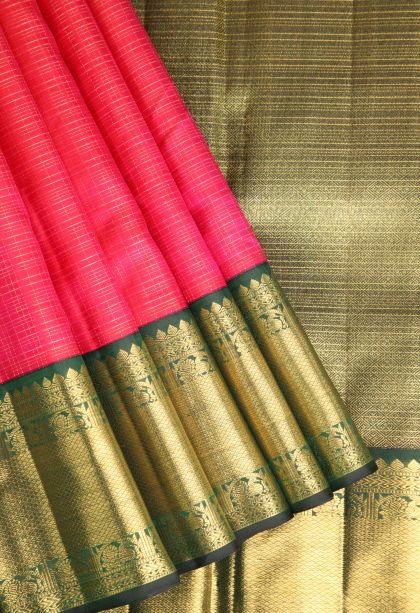 Punch Pink Kanchipuram Silk Sarees with Gold Zari Stripes