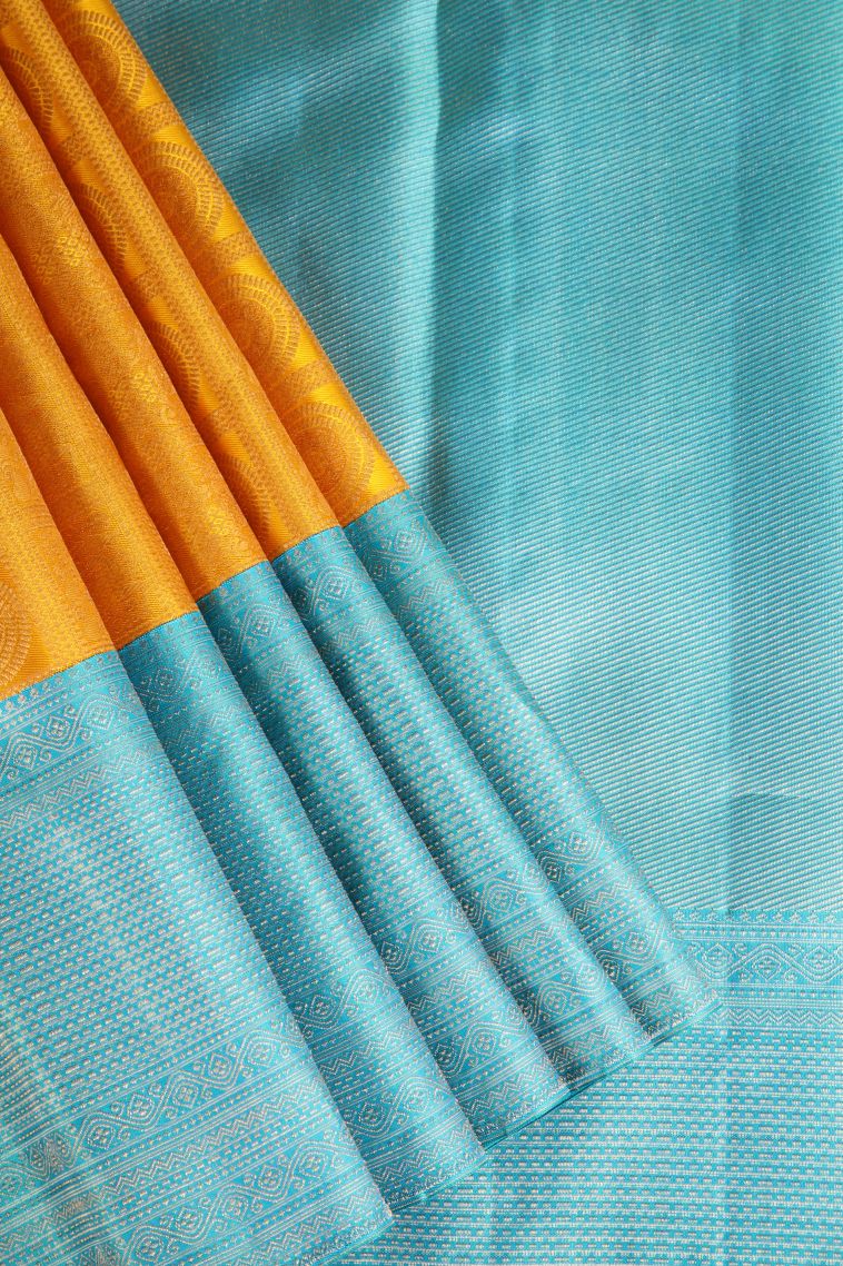 Merigold Orange Kanchipuram Silk Sarees with Gold And Silver Zari Circle Mottif view 1