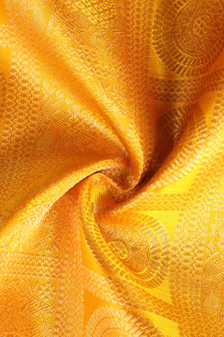 Merigold Orange Kanchipuram Silk Sarees with Gold And Silver Zari Circle Mottif view 4