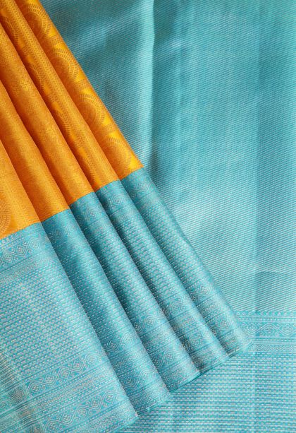 Merigold Orange Kanchipuram Silk Sarees with Gold And Silver Zari Circle Mottif