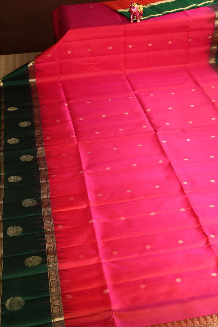 Strawberry Pink Soft Silk Saree with Gold Zari Buttis (small Dots Or Motifs) view 2