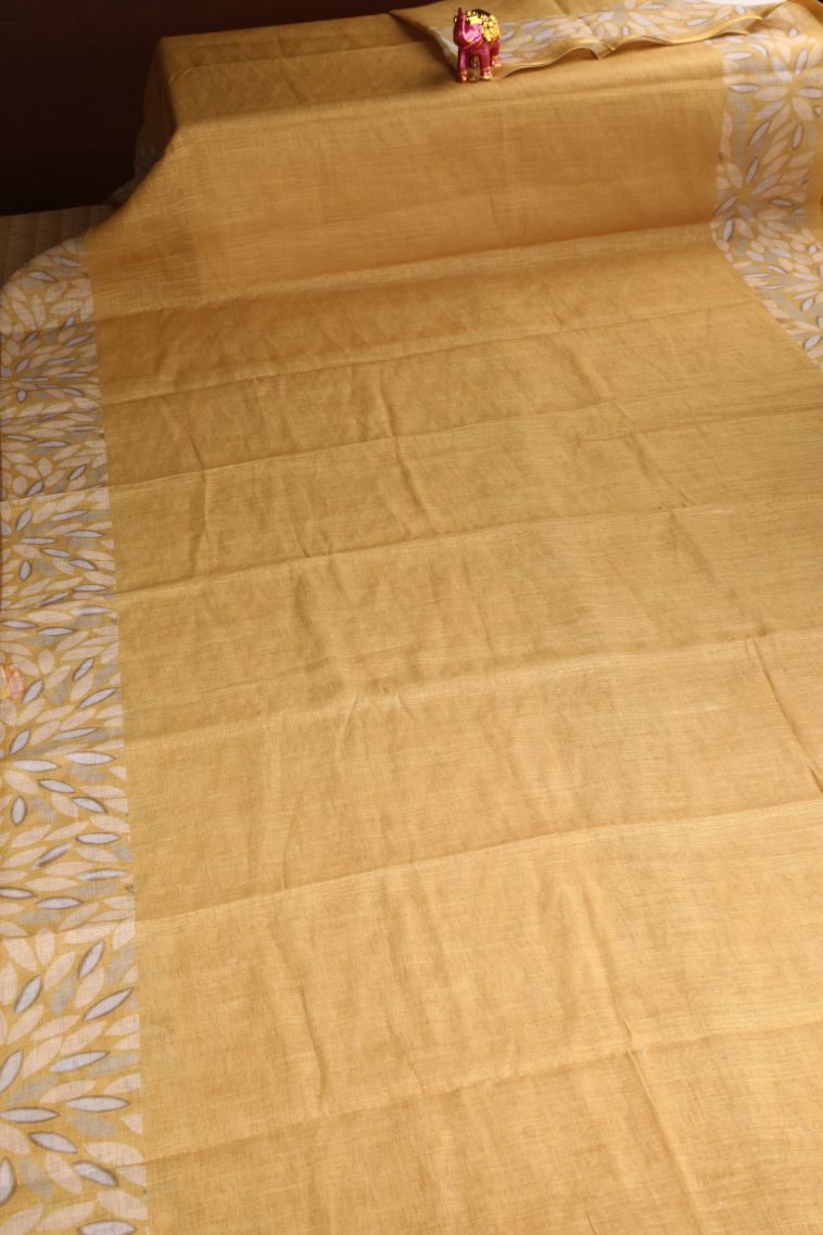 Sepia Yellow Linen Saree with Without Zari Zari Plain view 2