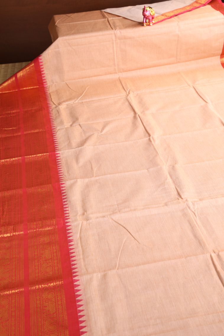 Cantaloupe Orange Chettinad Cotton Sarees with Gold Zari Plain With Border view 2