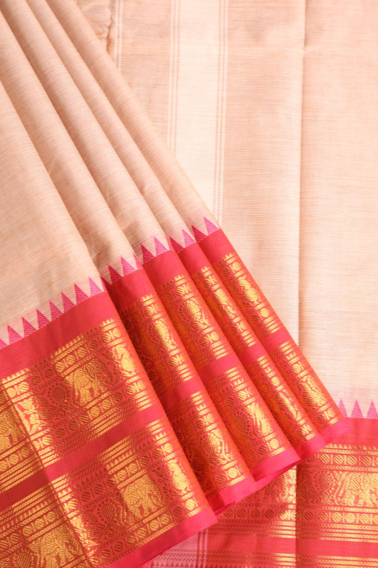 Cantaloupe Orange Chettinad Cotton Sarees with Gold Zari Plain With Border view 1