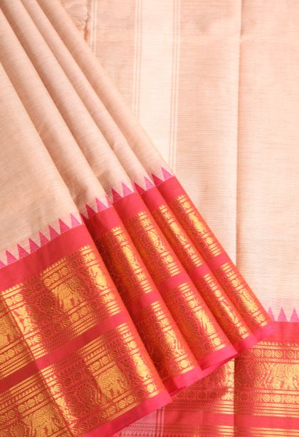 Cantaloupe Orange Chettinad Cotton Sarees with Gold Zari Plain With Border