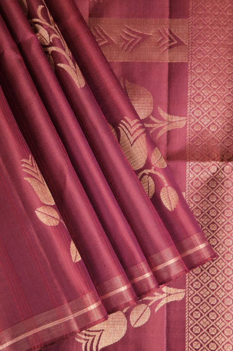 Blush Red Soft Silk Saree with Gold Zari Floral Patterns view 1