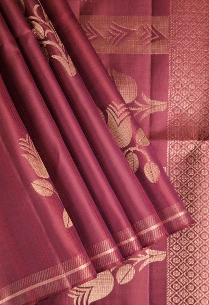 Blush Red Soft Silk Saree with Gold Zari Floral Patterns
