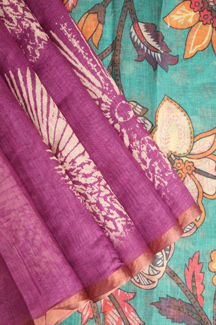 Magenta Purple Linen Saree with Copper Zari Circle Mottif view 1