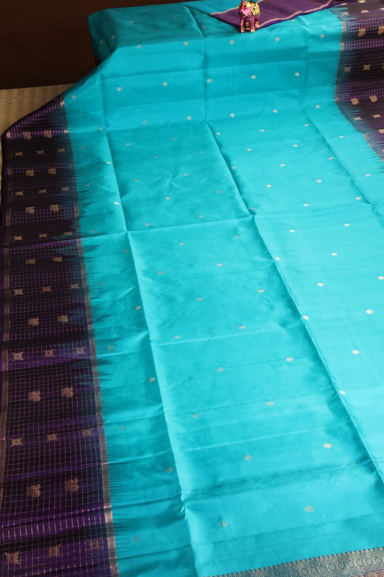 Arctic Blue Soft Silk Saree with Gold Zari Floral Puttas view 2