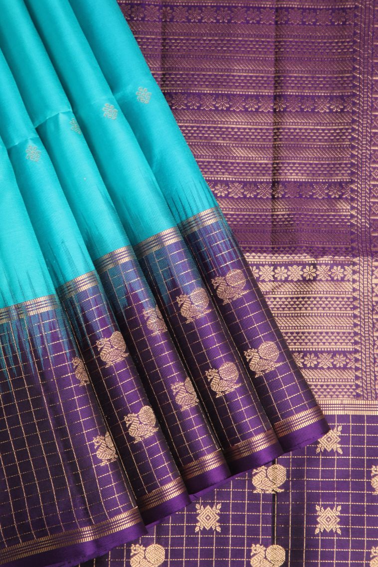 Arctic Blue Soft Silk Saree with Gold Zari Floral Puttas view 1
