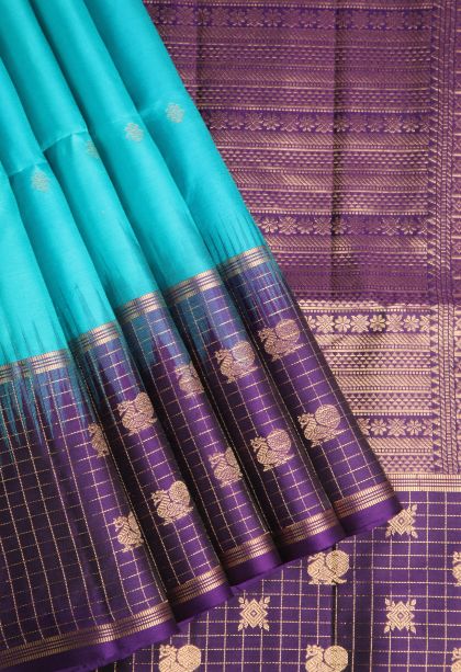 Arctic Blue Soft Silk Saree with Gold Zari Floral Puttas