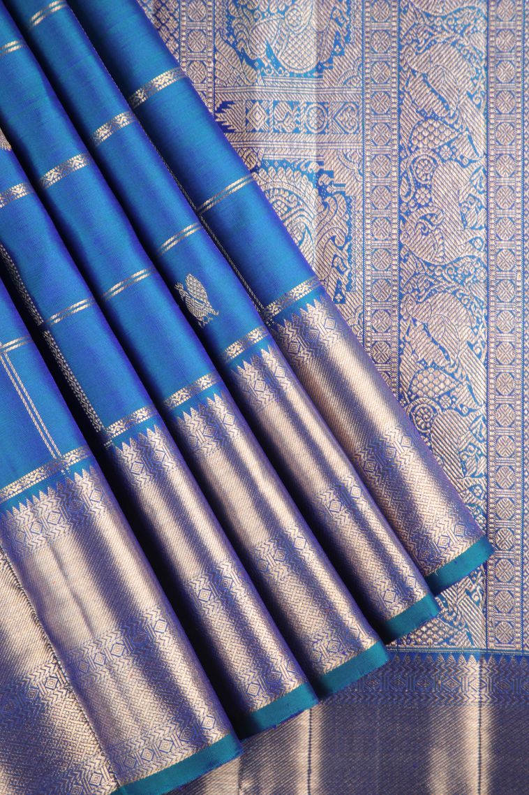 Cobalt Blue Kanchipuram Silk Sarees with Gold Zari Checks view 1