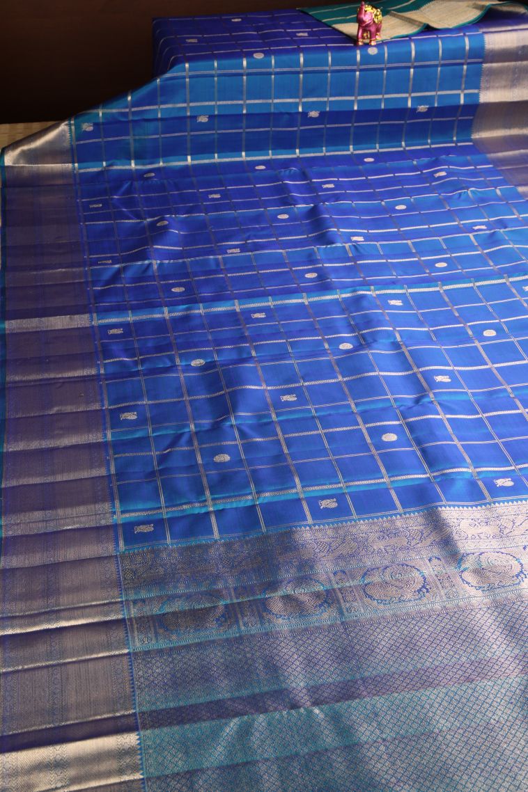 Cobalt Blue Kanchipuram Silk Sarees with Gold Zari Checks view 2