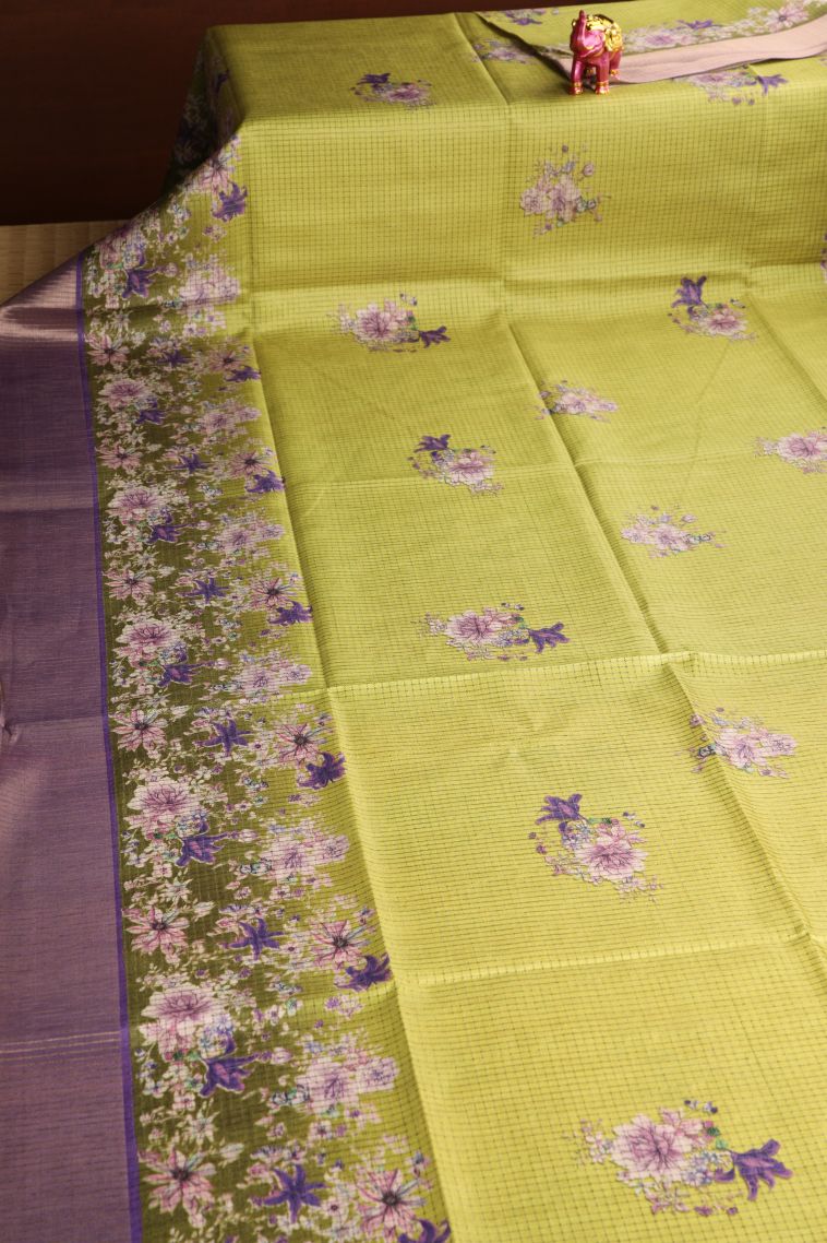 Lime Green Semi Tussar Silk with Gold And Silver Zari Checks view 2