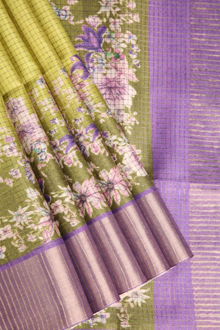 Lime Green Semi Tussar Silk with Gold And Silver Zari Checks view 1