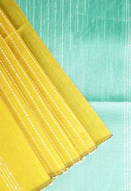Lemon Yellow Jute Sarees with Thread Zari Thred Weaving