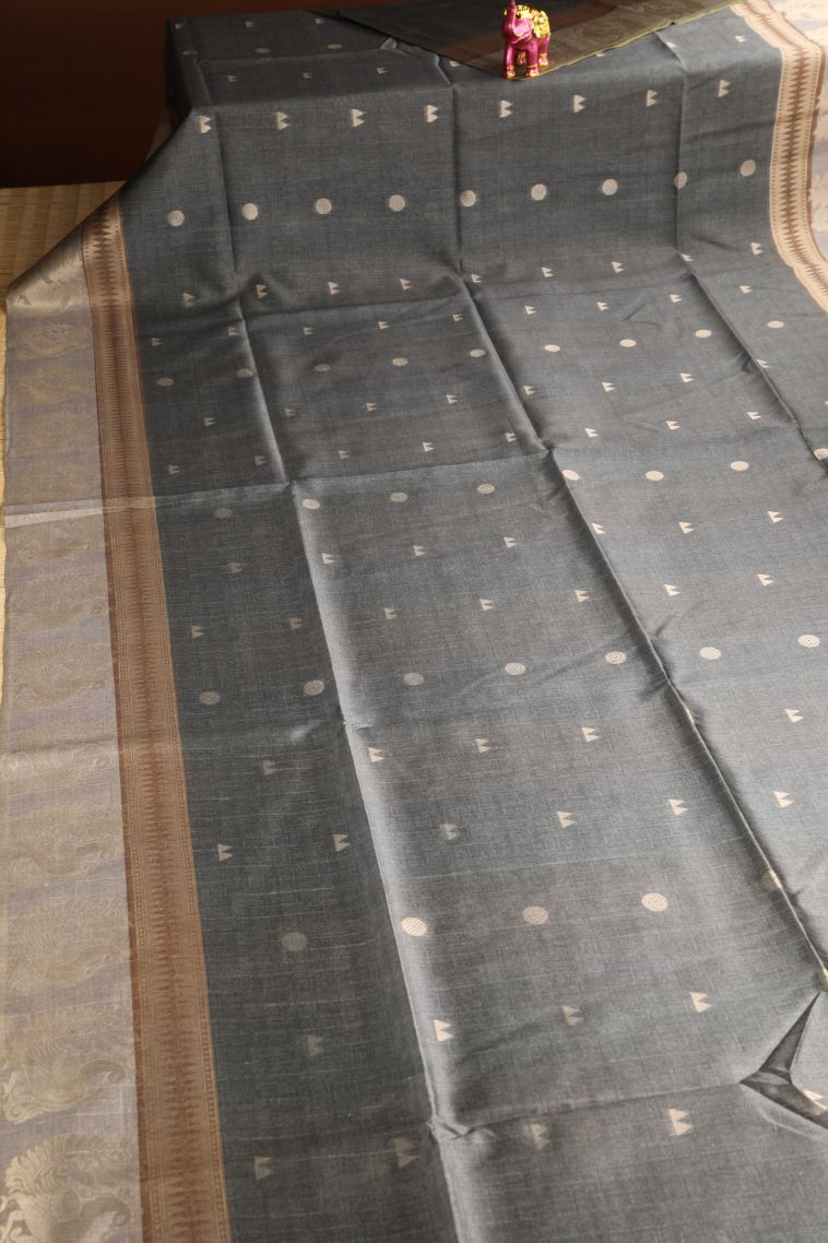 Gray Black Tussar Saree with Antic Zari Jamandery Pattern view 2